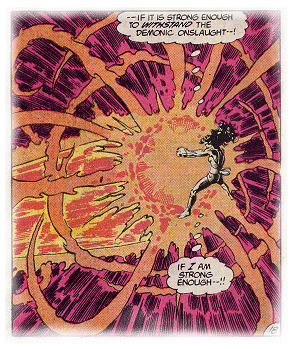 Wonder Woman strains to hold her ground as the Demon Hordes strike the Amulet she holds aloft!