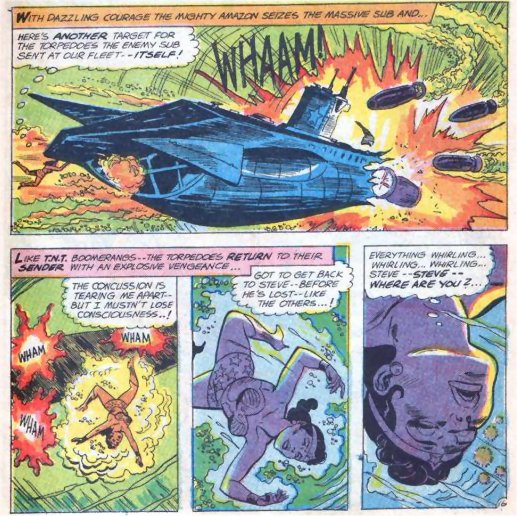 Wonder Woman throws the sub into the missiles path!