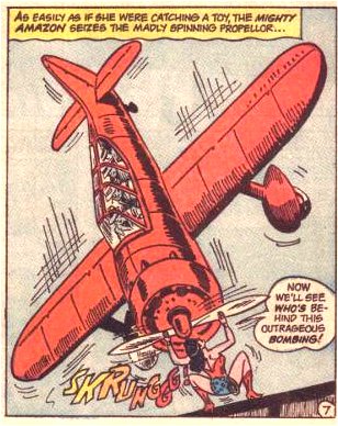 Wonder Woman effortlessly catches the falling plane!