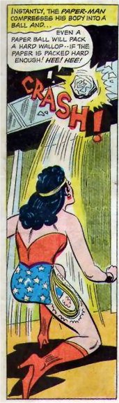 Wonder Woman watches as the Paper Man makes his escape through a skylight.
