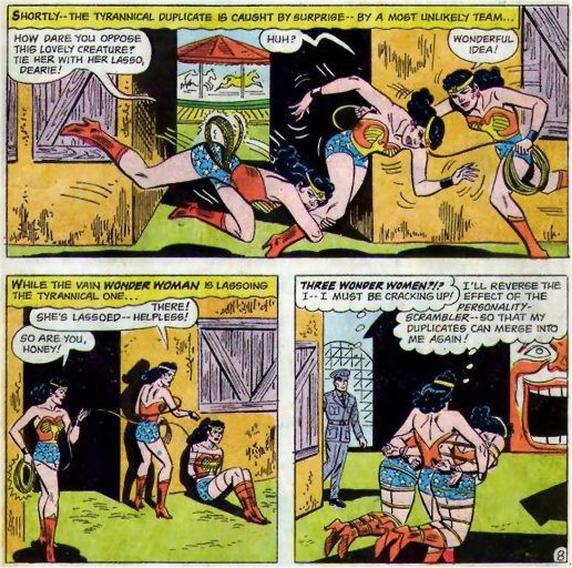 As the vain version of Wonder Woman assists in the capture the tyrannical version, the real Wonder Woman uses the opportunity to capture both of them!
