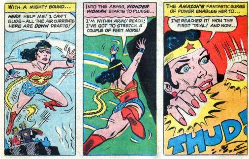 Wonder Woman leaps across the abyss and just manages to grab a hold!