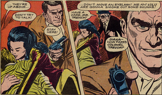 Diana holds the dying Steve  in her arms as Trench goes after the attackers