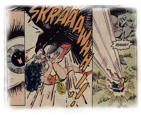 Wonder Woman is knocked from the sky by a giant bird!