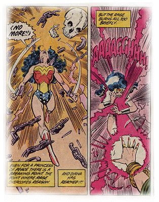 Wonder Woman bursts free from her chains but is instantly blasted down by Circe!