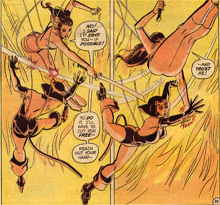 Diana cuts Catwoman's harness and grabs her hand!