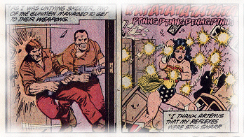 Wonder Woman defends herself against the attacking gunmen!