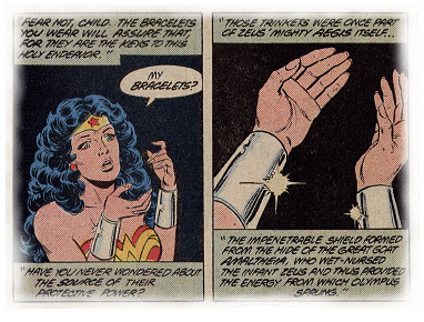Wonder Woman stares in amazement at her bracelets as Zeus explains their true origin.