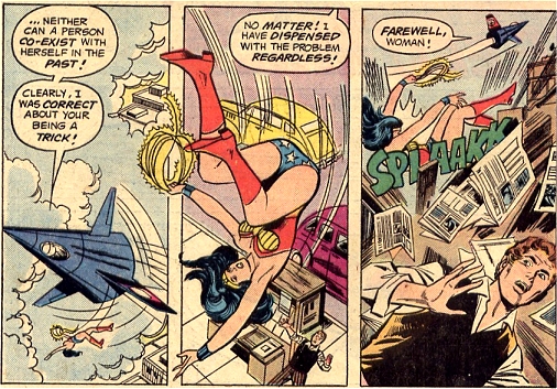 Wonder Woman plummets to the ground and crashes into a newspaper stall