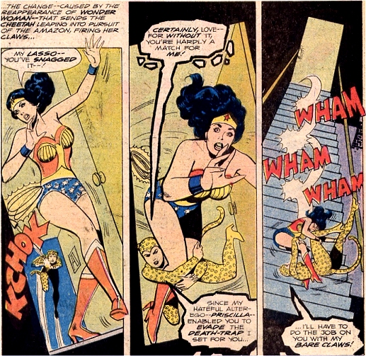 Wonder Woman and Cheetah grapple with each other as they tumble down the stairwell!