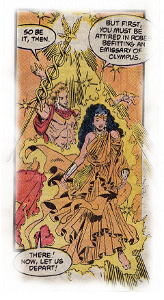 Hermes transforms Diana's attire into a classical Grecian Gown!