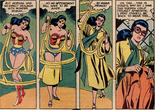 Wonder Woman transforms into her Diana Prince guise