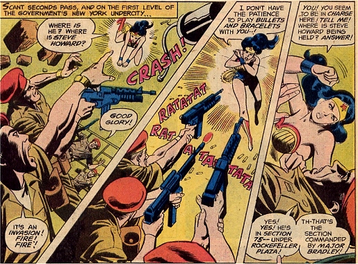 Wonder Woman disarms the attacking troops...