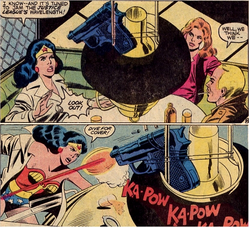 Wonder Woman spies a hidden gun ready to fire at her and leaps into action!