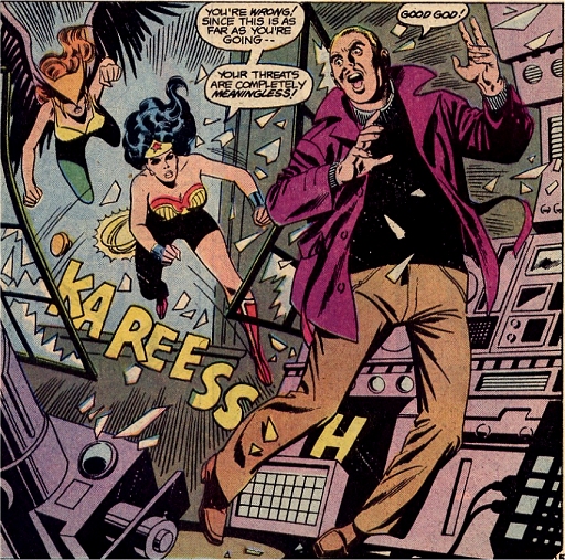 Wonder Woman and Hawkgirl smash through the window catching Gregory by surprise!