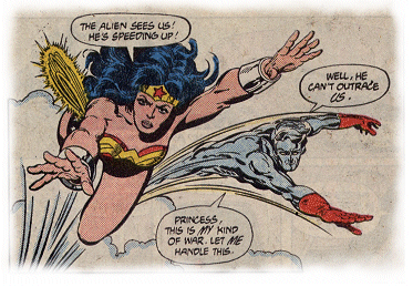 Wonder Woman and Captain Atom give chase to the fleeing Durlan!