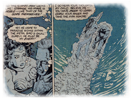 Wonder Woman rescues Steve Trevor and he becomes the first man to ever visit Paradise Island.