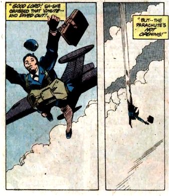 Diana grabs a parachute she dives out of the plane