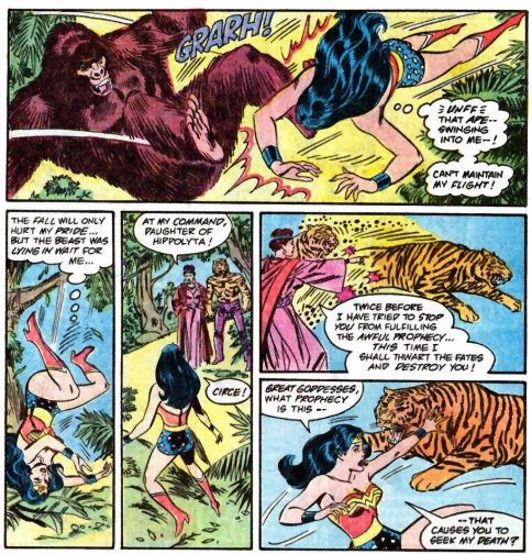 Suddenly a Gorilla swings from nowhere and hits Wonder Woman feet first, sending her tumbling to the ground.