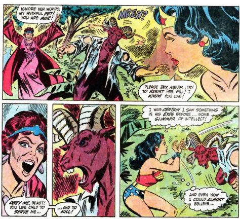 The Ram makes his charge at the Amazon Princess and she raises her bracelets to protect herself.