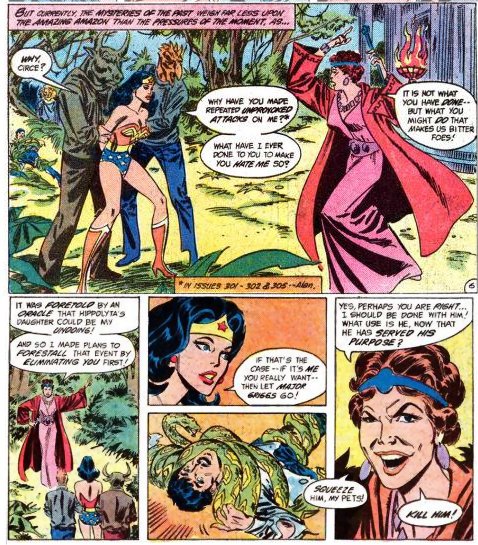 Wonder Woman has her arms held behind her back by two Man Beasts standing outside the Temple