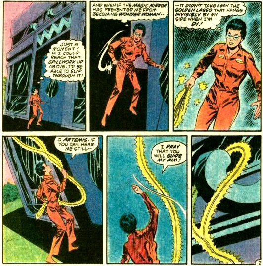 Diana loops the lasso up and around part of the grillwork.
