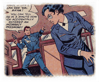 Alerted by an alarm, the security guard challenges the fake Diana Prince!