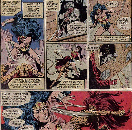 As Wonder Woman has victory in her sites she is hit with a poisonous dart by Chuma, allowing Cheetah to gain the upper hand!