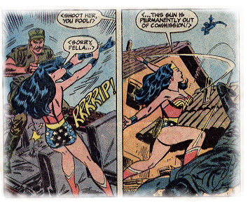Wonder Woman hurls the machine gun and the soldier off the jeep!