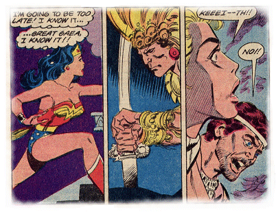Wonder Woman races up the steps but is too late to save Keith from being sacrificed!