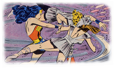 Wonder Woman smahes the two Amazons' heads together!
