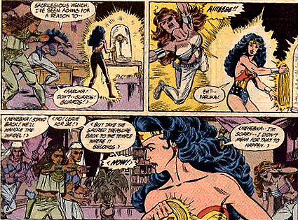 Faruka steps forward to stop Wonder Woman and is thrown across the room by the energy surrounding Diana!