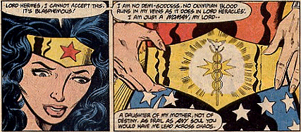 Wonder Woman looks down at the Caduceus Symbol now emblazened on her belt.