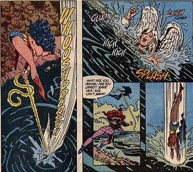 Wonder Woman hurls the Silver Swan into the lake and Maxine yells that her friend cannot swim!