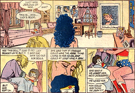 Wonder Woman is led to Lucy's bedroom which is filled with memorabilia dedicated to her!