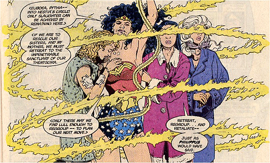Wonder Woman uses her magical lasso to transport herself and the other Amazons to safety...