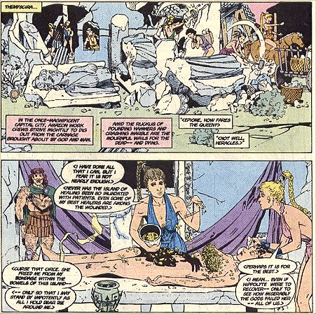 As repairs continue on Themyscira, Epione attends to the dying Hippolyta watched by a helpless Heracles...