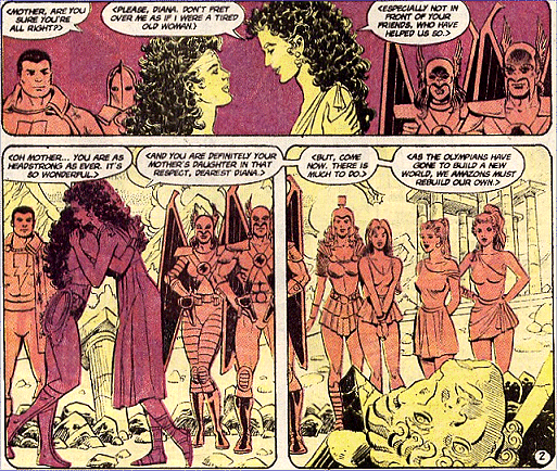 Diana and hippolyta embrace as the Queen tells the others that the time has come for the Amazons to rebuild...