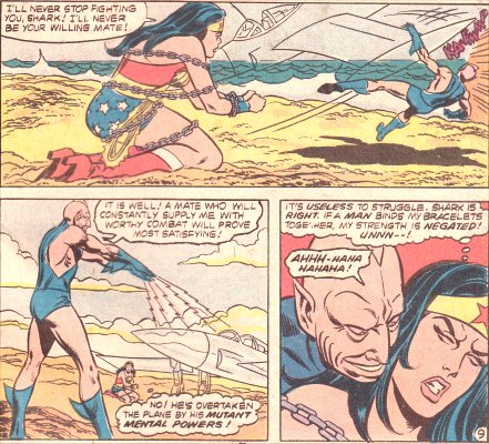 The Shark enjoys mauling the powerless Wonder Woman!