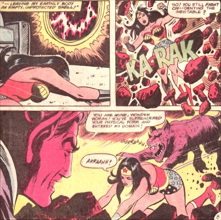 Wonder Woman is attacked by one of Pluto's snarling beasts!