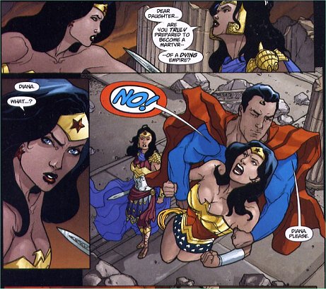 Superman whisks Wonder Woman away from danger...