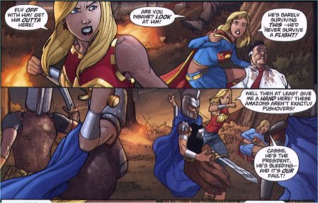 Wonder girl fends off the attacking Amazons while Supergirl tends to the injured President...