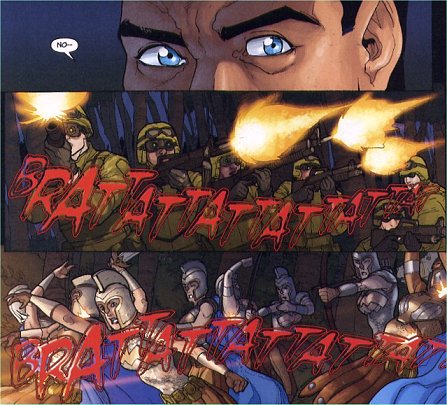 Superman watches in horror as the Amazons are massacred by the U.S. Troops!