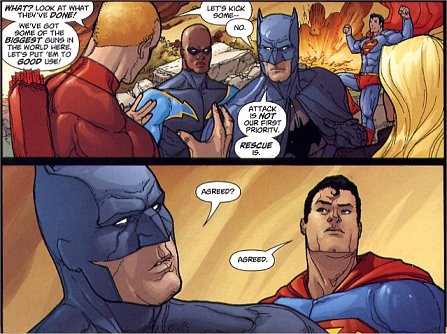 Batman and Superman organise rescue teams...