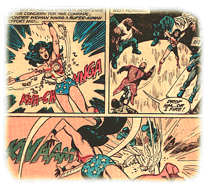 Wonder Woman explodes out of her chains and lifts the gorilla high above her head, hurling it against a wall!