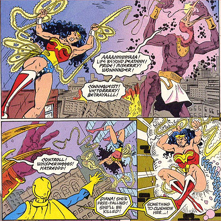 Thoth hurls Wonder Woman towards the ground!