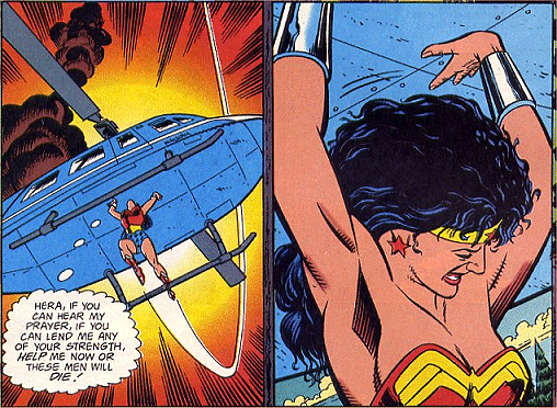 Wonder Woman saves the helicopter crew...