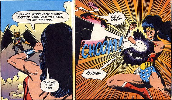 Hawkwoman fies on Wonder Woman!