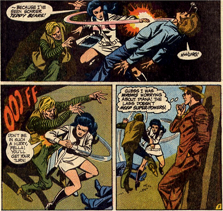 Diana effortlessly takes down the three muggers while an impressed Clark watches...