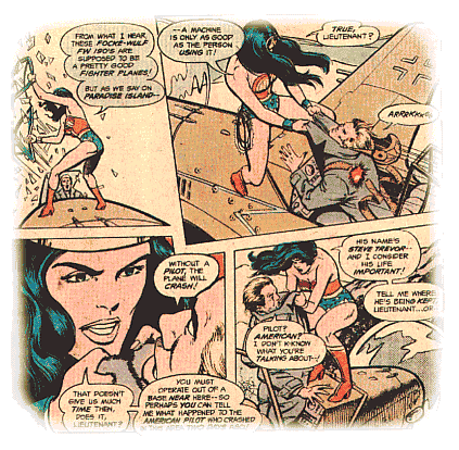 Wonder Woman grabs the terrified Nazi pilot by the collar!